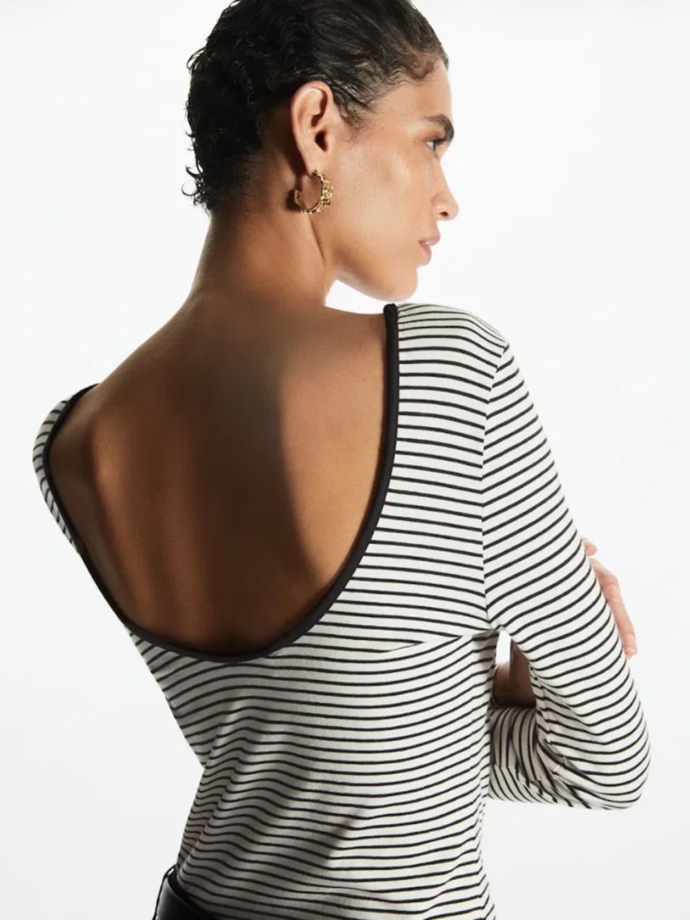 COS Striped Scoop Back Long Sleeve Top, Black & White, Size S